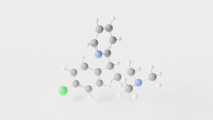 chlorphenamine molecule 3d, molecular structure, ball and stick model, structural chemical formula antihistamine