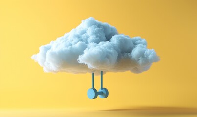 3d render, blue heavy weight is hanging under the levitating cloud, isolated on yellow background. Modern minimal scene. Abstract paradox metaphor, Generative AI  - obrazy, fototapety, plakaty