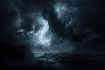 a storm is coming over the ocean on a stormy day, thunder - obrazy, fototapety, plakaty