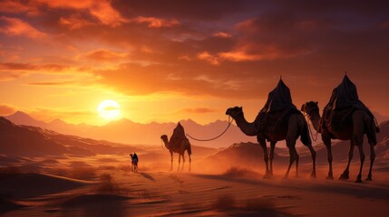 Group of Camels Walking Across a Desert at Sunset