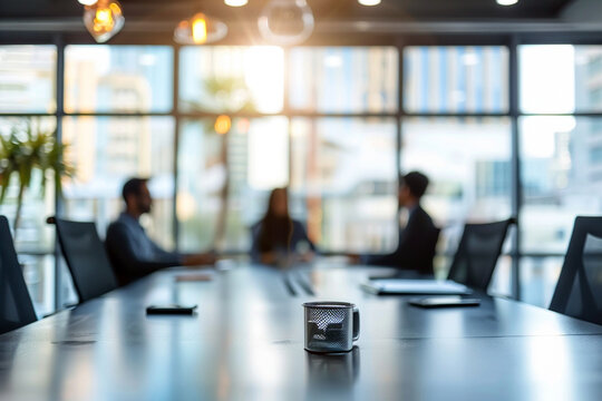 Blurred business people are meeting at table. Defocused modern business office room with bokeh light background. Generative AI