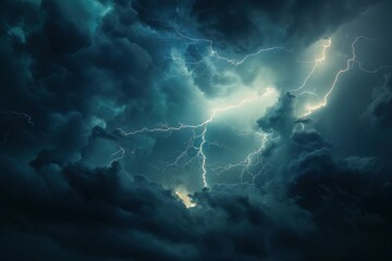 a dark sky with a lot of clouds and lightning, thunder - obrazy, fototapety, plakaty