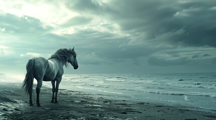Obraz na płótnie Canvas Horse on a moody beach at twilight