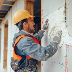 Construction worker applying insulation material to building exterior