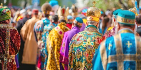 A colorful procession of clergy and parishioners during a religious festival.  - obrazy, fototapety, plakaty