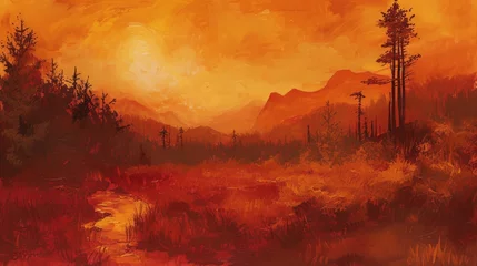 Schilderijen op glas Warm sunset over mountains landscape © cac_tus