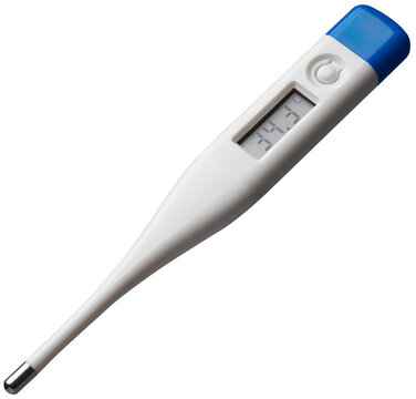 modern digital thermometer, electronic device used to measure temperature accurately and display the readings digitally, mock-up template isolated on white background without shadows