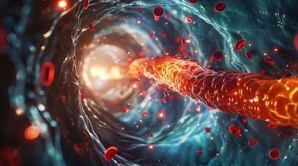 HDL particles highlighted with rays of light in a dark vascular tunnel, illustrating the fight against LDL