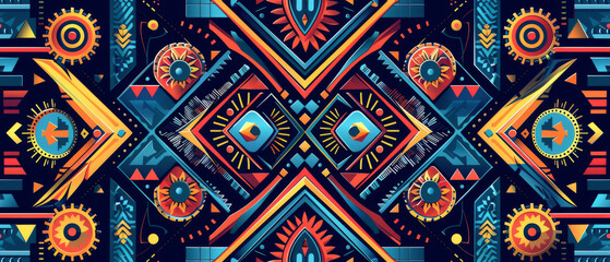 A contemporary geometric tribal pattern featuring cool blue and orange tones with a sharp, modern aesthetic.