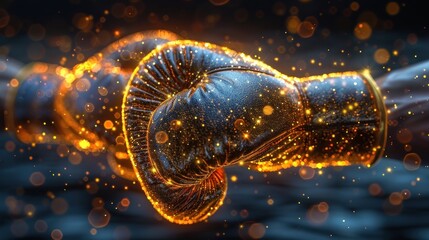Low poly illustration of the boxing gloves with a golden dust effec - obrazy, fototapety, plakaty