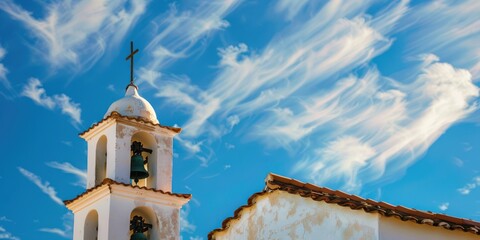 A close-up of a church bell tower against a backdrop of blue sky.  - obrazy, fototapety, plakaty