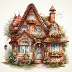 watercolor Kawaii Gingerbread House clipart, Generative Ai