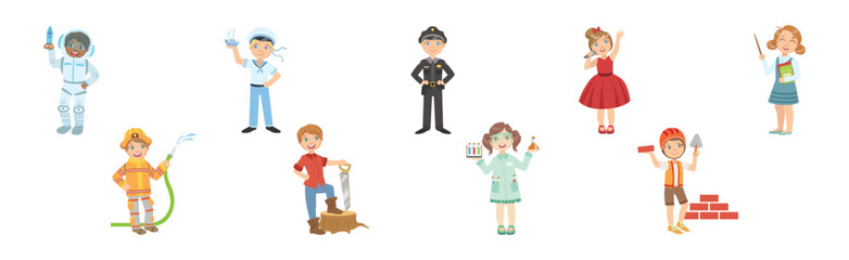Little Boy and Girl Character in Professional Uniform Vector Set
