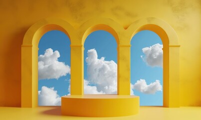 3d render, abstract background with blue sky inside the arch windows on the yellow wall. White clouds fly inside the room, Generative AI 