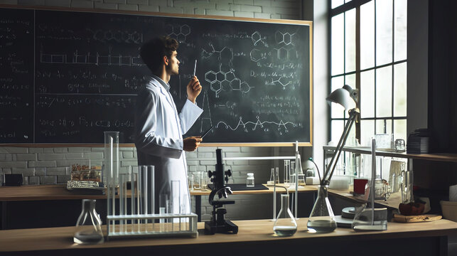 laboratory with lab equipment, experimenter, and a chalkboard with complex equations
