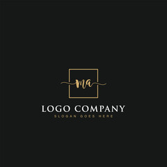 Initials signature letters MA linked inside minimalist luxurious square line box vector logo gold color designs for brand, identity, invitations, hotel, boutique, jewelry, photography or company signs