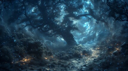 Obraz na płótnie Canvas Enchanted forest pathway under starlit sky