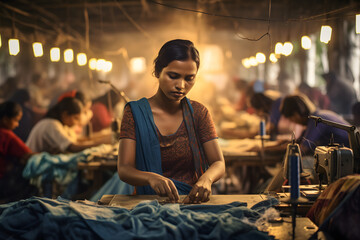 Young tailor sews clothes in a workshop for making dresses - obrazy, fototapety, plakaty