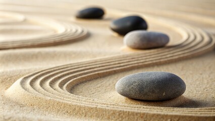 Fototapeta na wymiar Spa therapy and Zen art: stones with lines in the sand