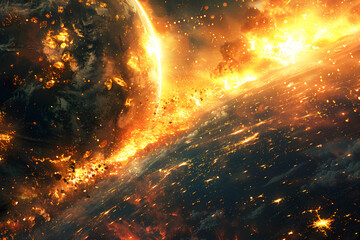 A depiction of a cosmic armageddon, portraying the judgment day of planet earth with catastrophic destruction and fiery skies.