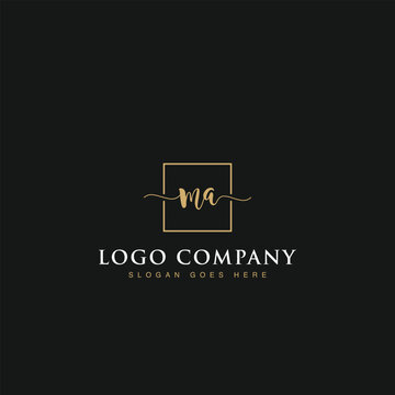 Initials signature letters MA linked inside minimalist luxurious square line box vector logo gold color designs for brand, identity, invitations, hotel, boutique, jewelry, photography or company signs