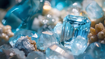 This detailed image showcases a beautiful arrangement of sparkling blue gemstones and shimmering crystals in a close-up view