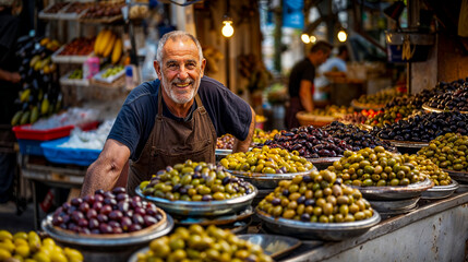 commerçant souriant sur un marché qui vend des olives