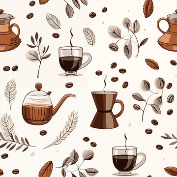 illustration of coffee elements seamless pattern on clean white background