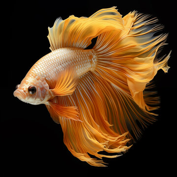 beautiful gold color thai rosetail betta fish isolate on dark background