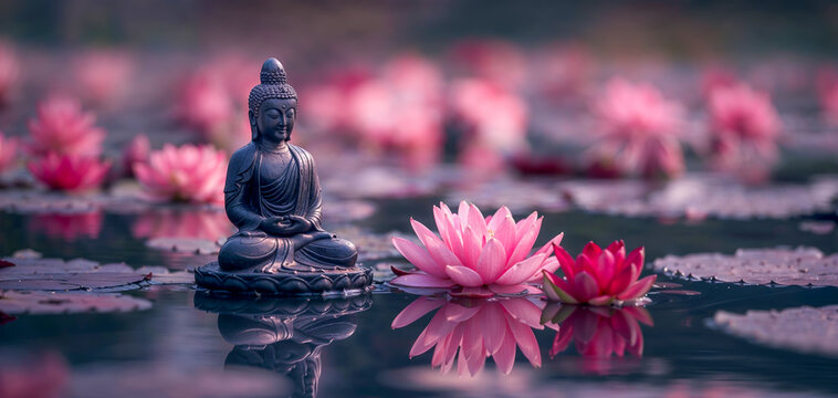 une statue asiatique sur l'eau au milieu de fleurs de lotus - fond sombre