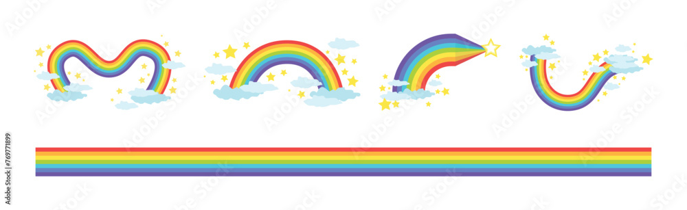 Poster rainbow different shape with fluffy cloud vector set