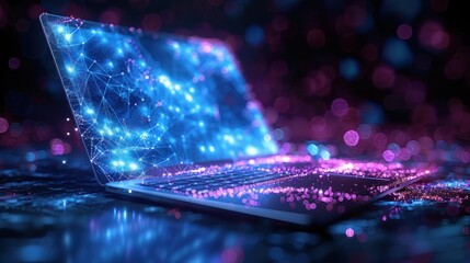 Low Poly Laptop in Technological Blue Color on Dark Background