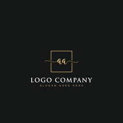 Initials signature letters AA linked inside minimalist luxurious square line box vector logo gold color designs for brand, identity, invitations, hotel, boutique, jewelry, photography or company signs