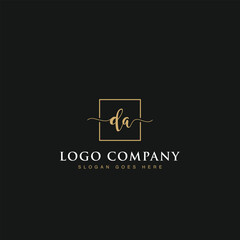 Initials signature letters DA linked inside minimalist luxurious square line box vector logo gold color designs for brand, identity, invitations, hotel, boutique, jewelry, photography or company signs