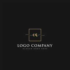 Initials signature letters EA linked inside minimalist luxurious square line box vector logo gold color designs for brand, identity, invitations, hotel, boutique, jewelry, photography or company signs