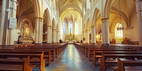 A serene interior shot of a church nave with rows of pews and a grand altar. 