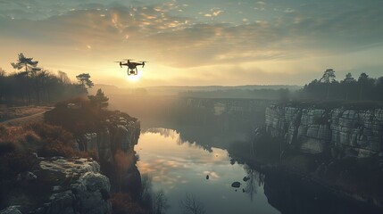 Drone Flight Over Misty River and Cliffs at Dawn. Drone flies above a misty river landscape with...