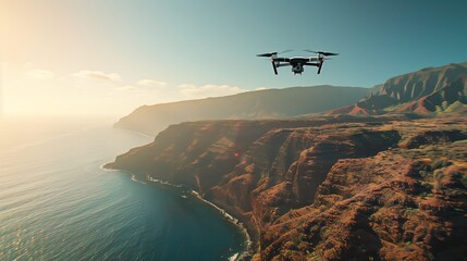 Drone Exploring Coastal Cliffs at Golden Hour. Drone hovers near breathtaking coastal cliffs as the golden hour sunlight washes over the serene seascape. - obrazy, fototapety, plakaty