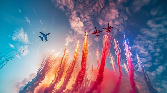 Aerobatic Jets Performing With Colorful Smoke Trails. Squadron of aerobatic jets paints the sky with vibrant smoke trails, creating a mesmerizing display of aerial artistry.