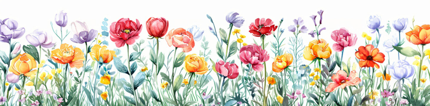 Vibrant watercolor painting of a row of Roses and tulips in a panoramic format, for elegant banner design