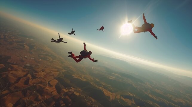 Skydivers in Formation Over Rural Landscape. Adventurous skydivers create a mesmerizing formation above a sprawling rural landscape, with the horizon stretching out beneath them.