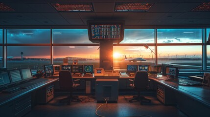 Airport Control Tower at Sunset with Airplanes. The setting sun casts a warm glow over an airport's control tower and tarmac, with airplanes poised for the night's activities. - obrazy, fototapety, plakaty