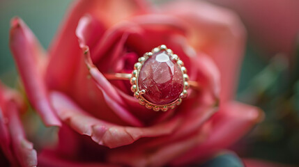 A stunning ruby ring rests on the petals of a soft-focus blooming rose, symbolizing love and romance in a delicate setting