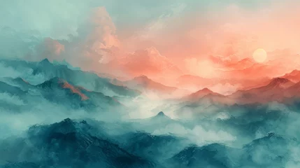 Schilderijen op glas Surreal mountain landscape at sunset © cac_tus