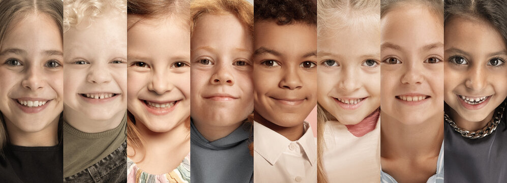 Collage made of close up photos of cute, little children of different races looking at camera with happy facial expression. Concept of human emotions, childhood, fashion and style, beauty, education.