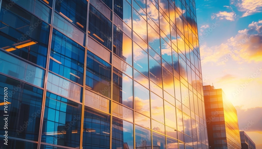 Poster modern office building exterior with glass windows and golden light reflecting on the surface of the