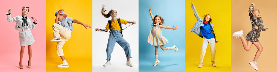 Collage made of photos of active, artistic children, teens dressed fashion outfits and posing against multicolored studio background. Concept of human emotions, childhood, style, beauty, education.