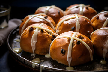 Cornmeal Hot Cross Buns, Sweet and spiced buns with a cornmeal twist and cross shaped icing - obrazy, fototapety, plakaty