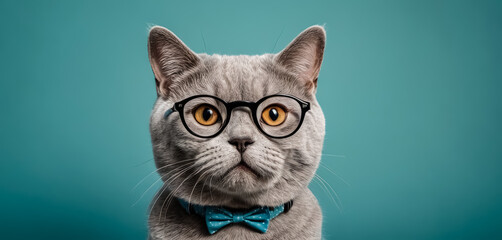 Solid Light Blue Background Enhances the Hyper-Realism of Cat in Glasses.