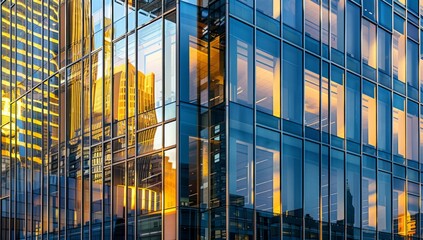 A closeup of the exterior glass walls on an office building, showcasing intricate details and reflections in various shades of blue and gold hues Generative AI